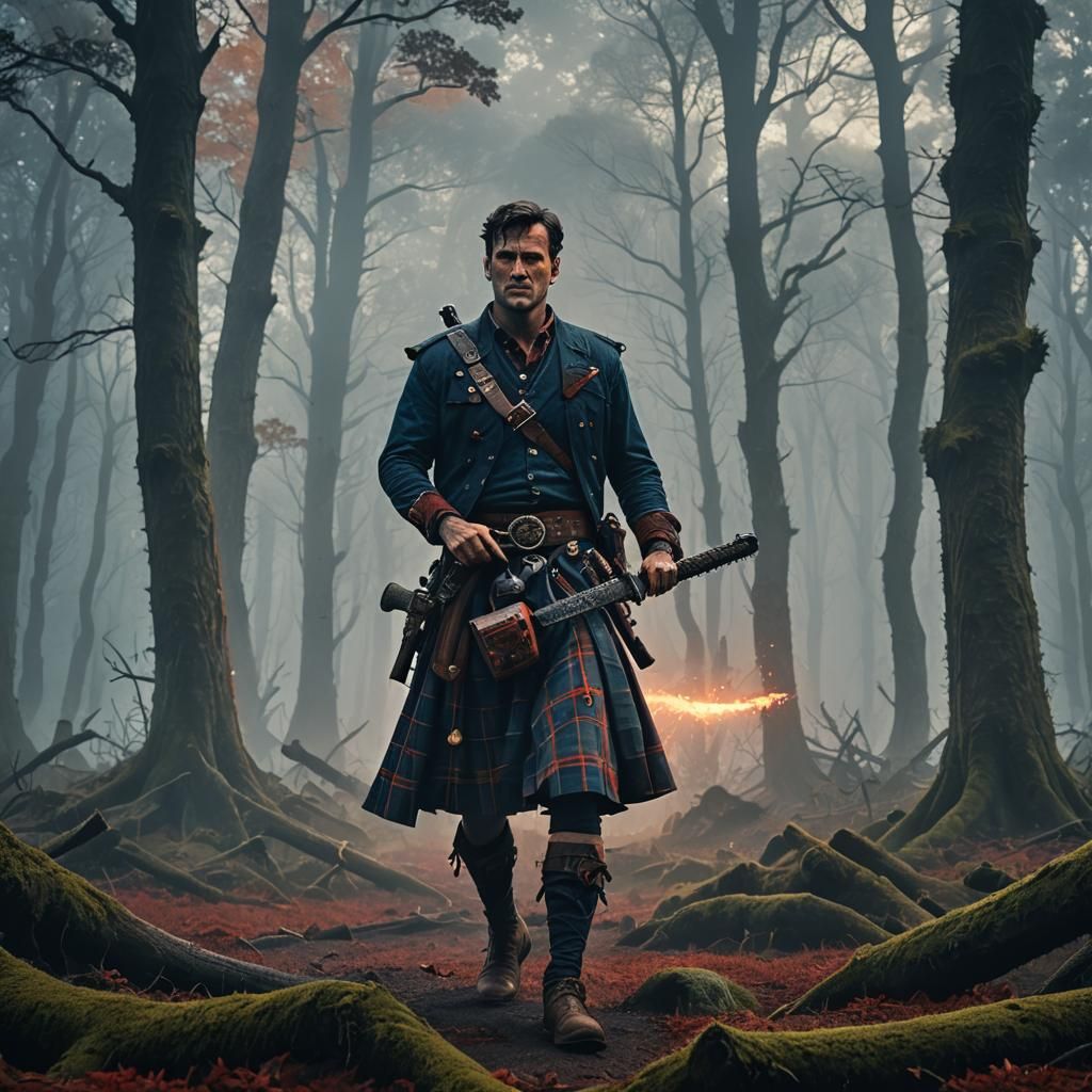 Ash Williams in Kilt in Misty Forest