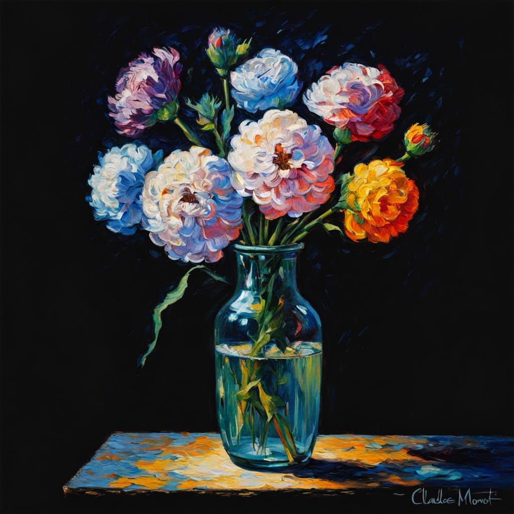 Vibrant Carnation in Earthy Vase, Neo-Impressionist Oil Pain...