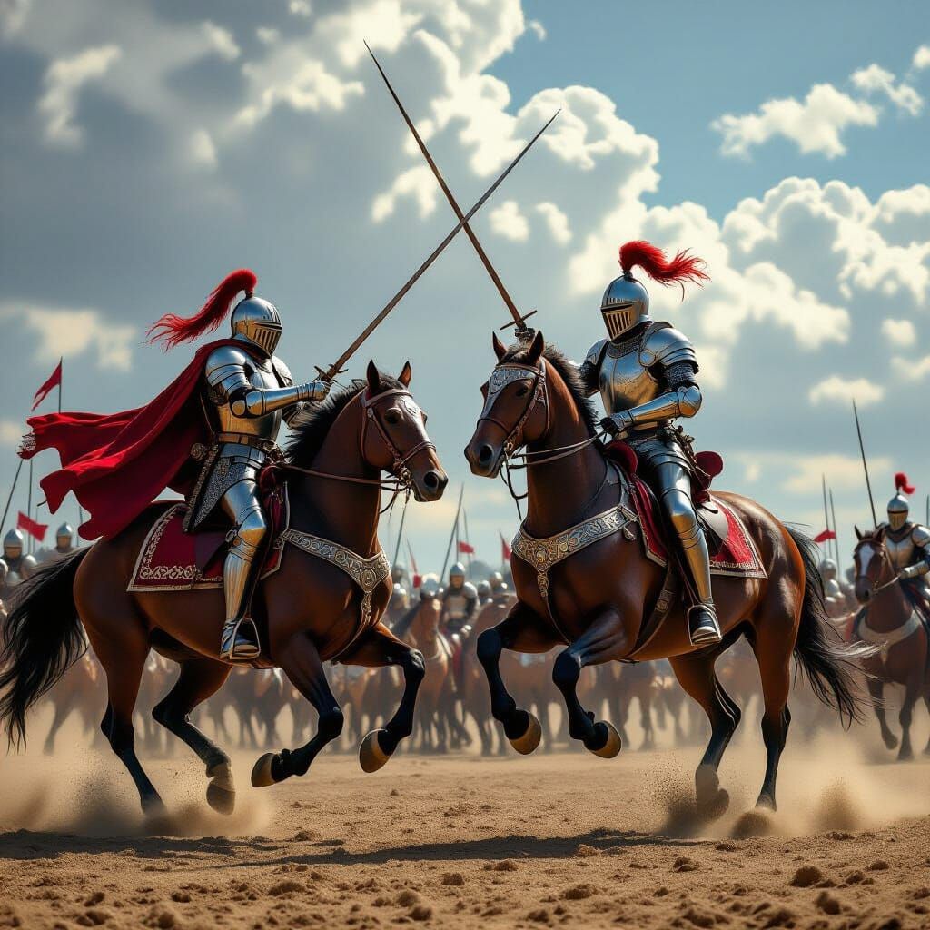 Knights Jousting on Warhorses in Photorealistic Style
