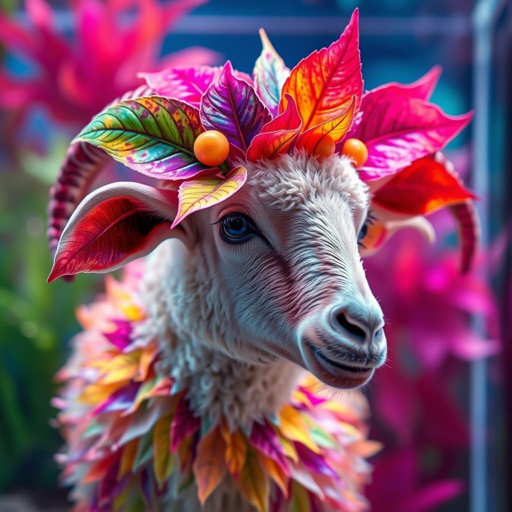 Iridescent Leaf Sheep in Modern Aquarium, Hyperrealistic Spl...