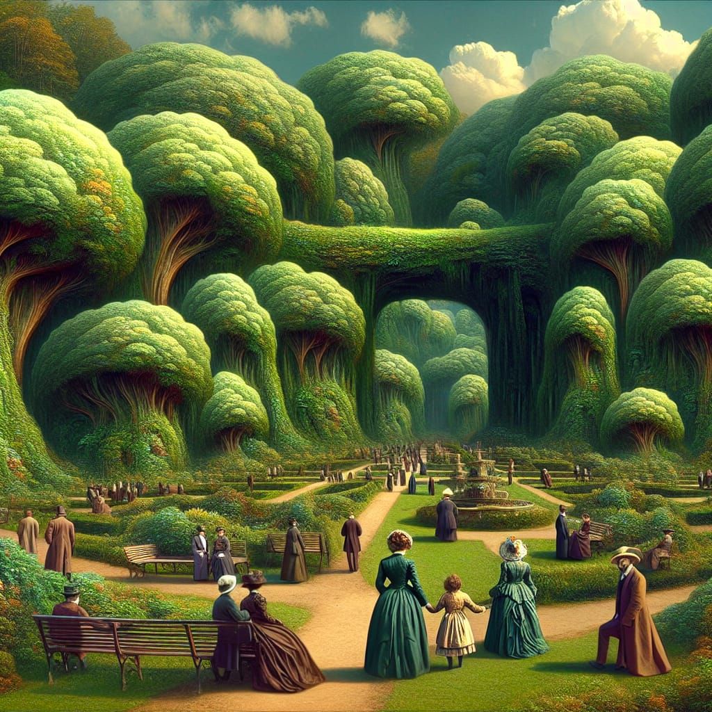 Surreal Victorian Park with Oversized Vegetation
