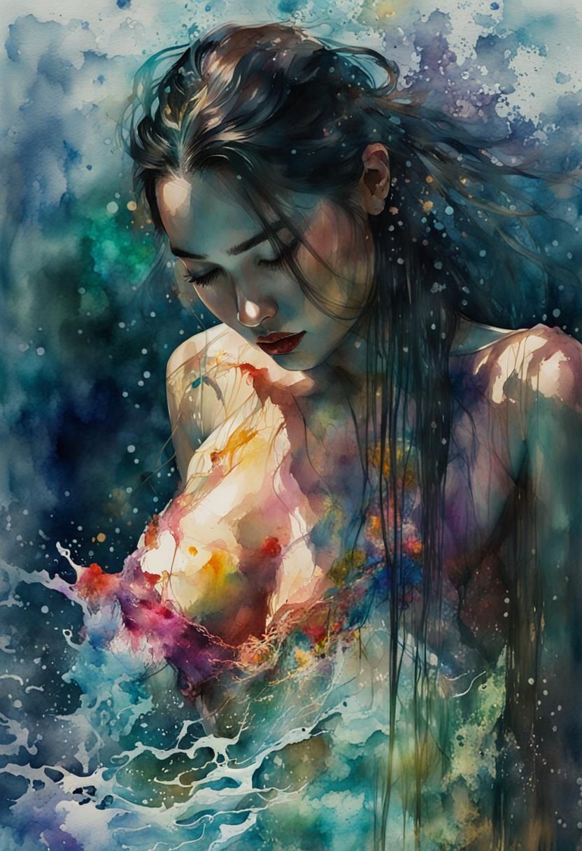 Stylized Watercolor Art of a Nude Woman