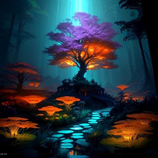 Enchanted Bioluminescent Road Through Crystal Forest