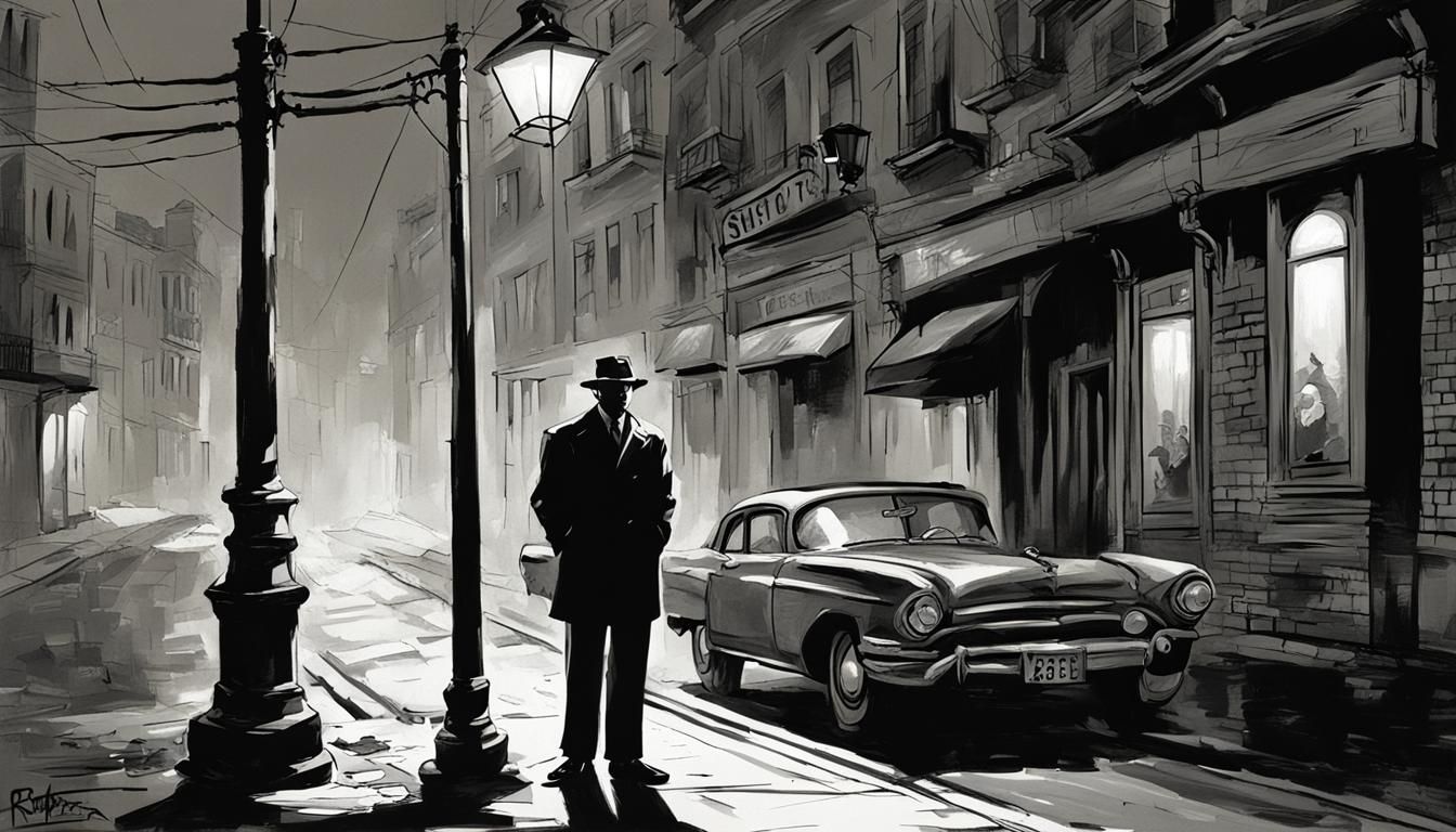 Sinister Spy in Shadowy Street Scene