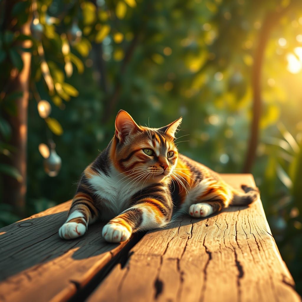 Dreamy Calico Cat Basks in Warmth on a Wooden Deck