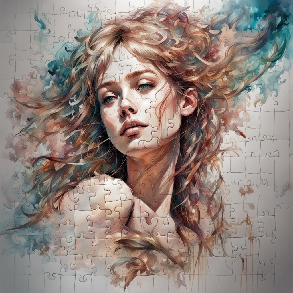 Intertwined Puzzle Piece Hearts in Watercolor Style