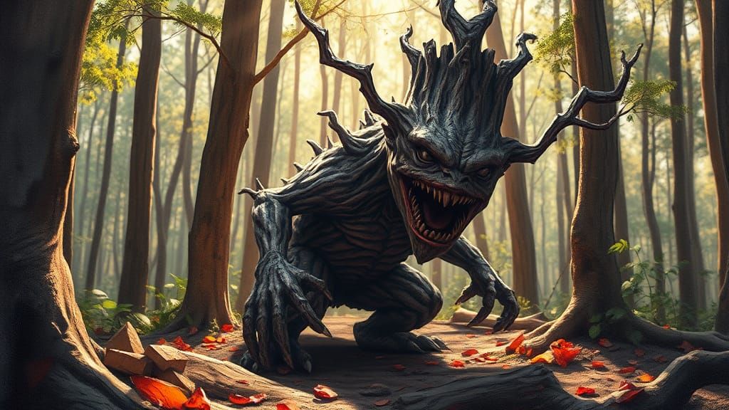 Brown Tree Monster Hiding in Forest, Graffiti Art