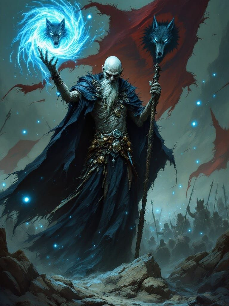 Gothic Fantasy Wizard Stands at Forefront of Dark Gathering