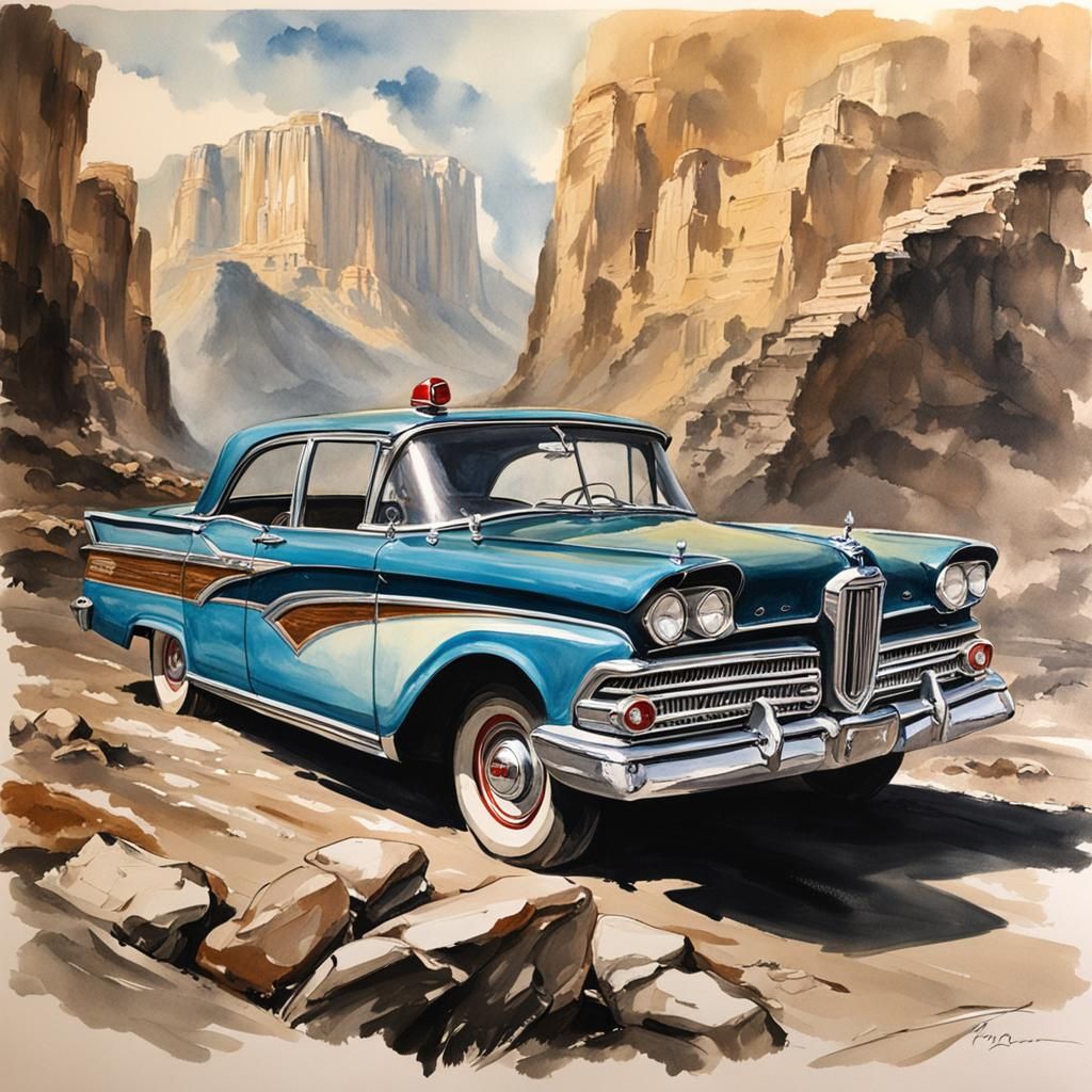 Ford Edsel in Mountain Landscape, Gouache Painting