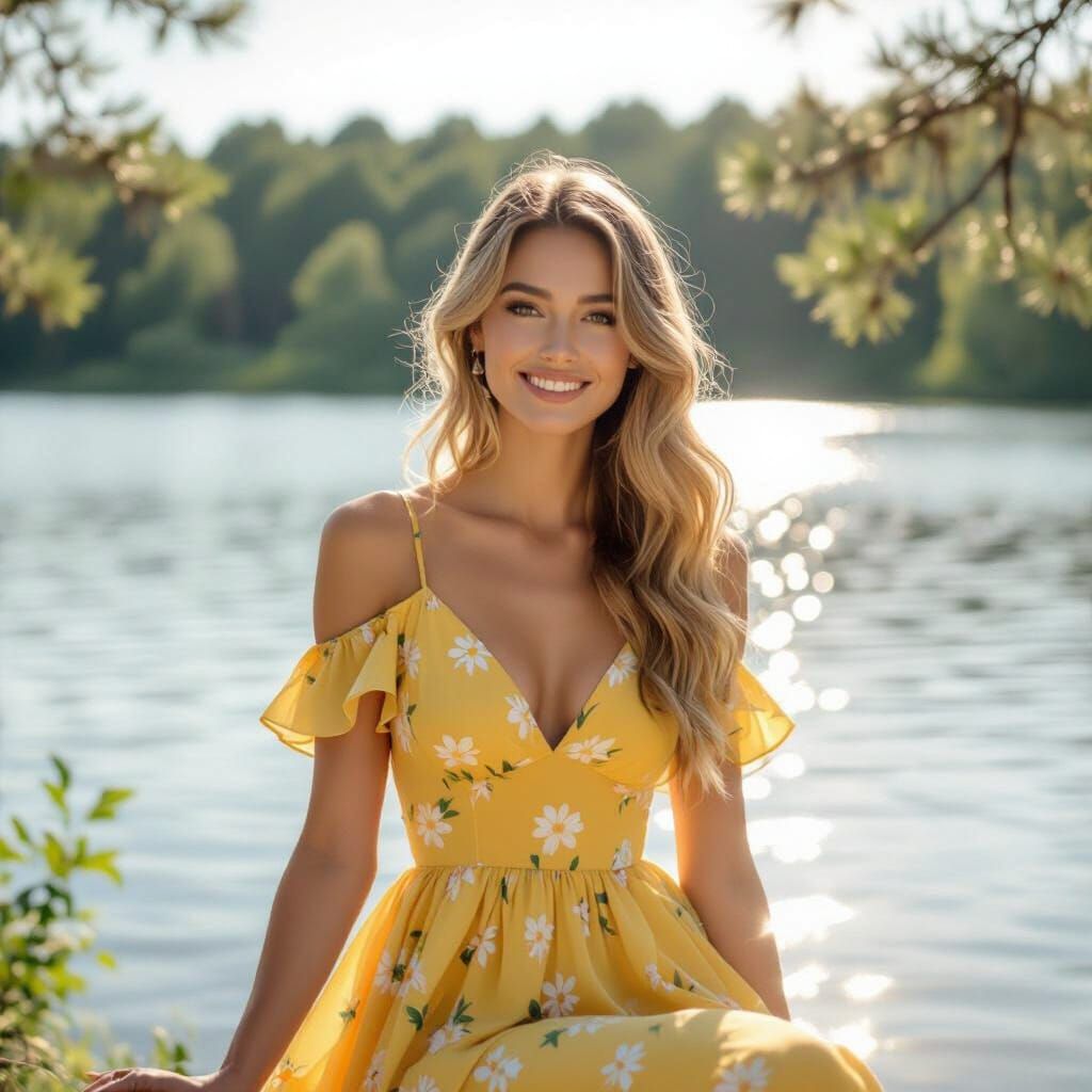 Smiling Woman by Lake in Hyperrealistic Style