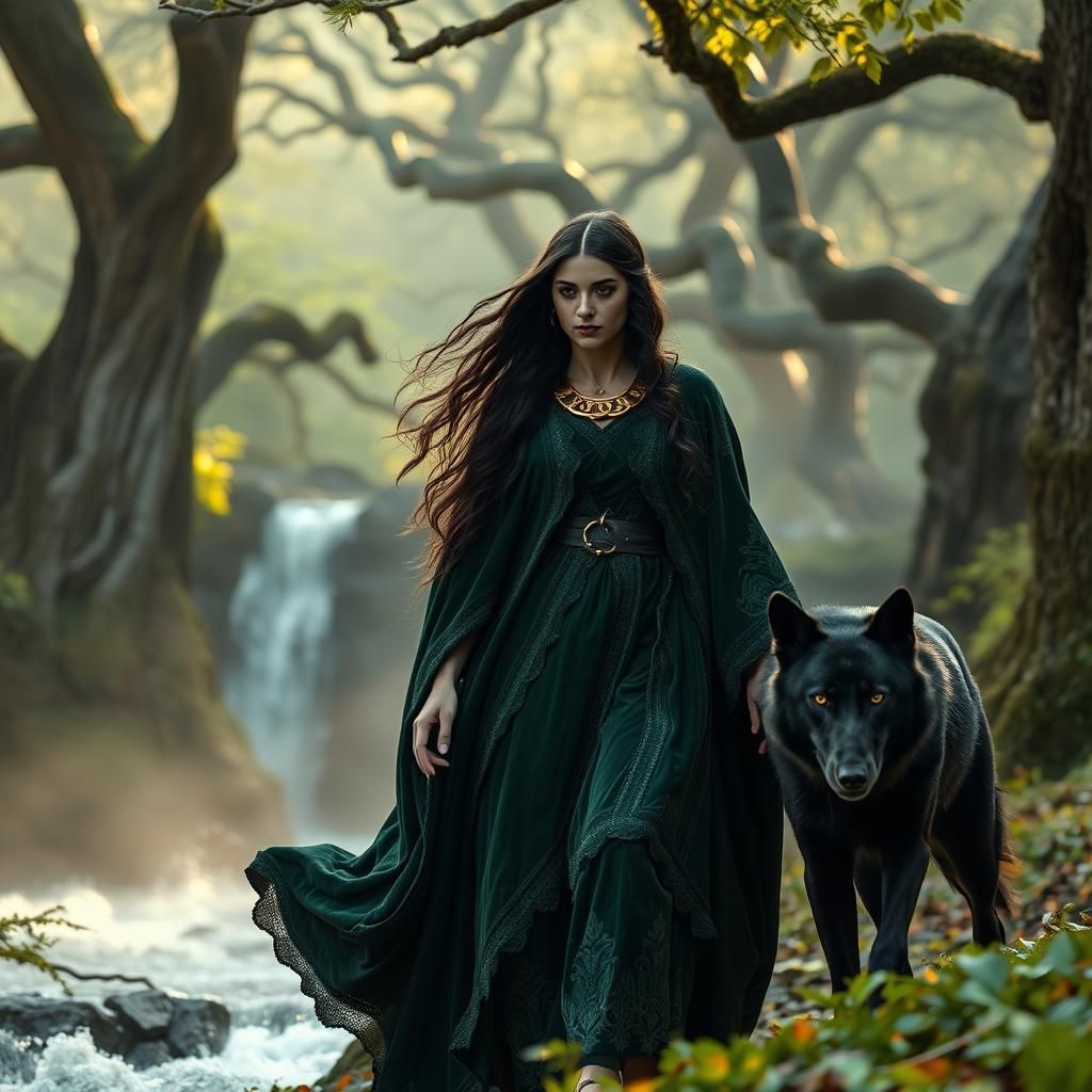 Morrighan and Wolf by Waterfall in Hyperrealism