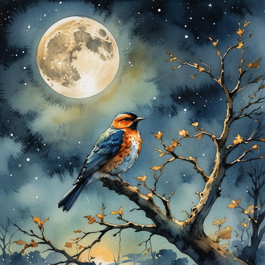 Vibrant Bird Under Moon in Watercolor Comic Style