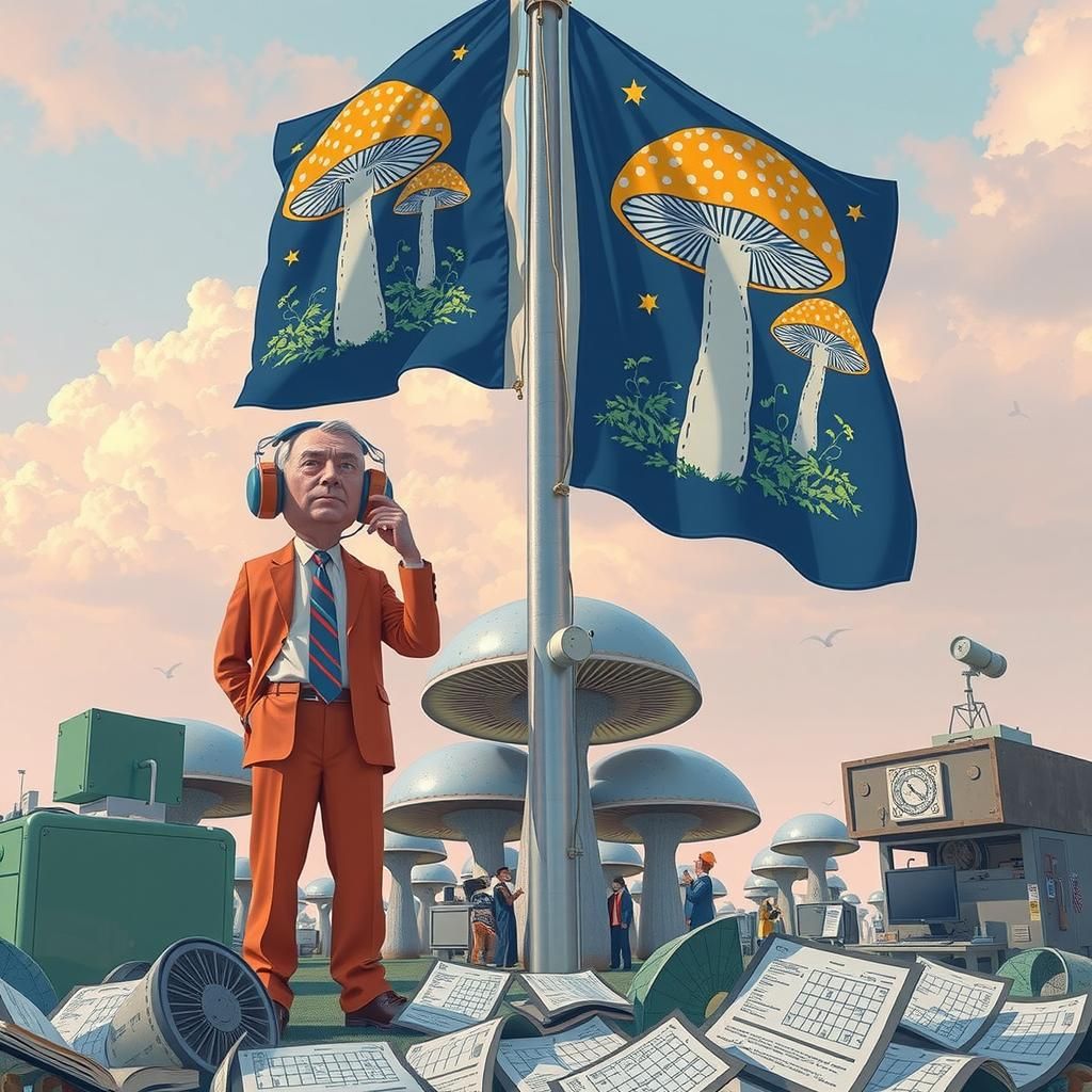 Bureaucratic Mushroom Counting: A Whimsical Linocut Scene