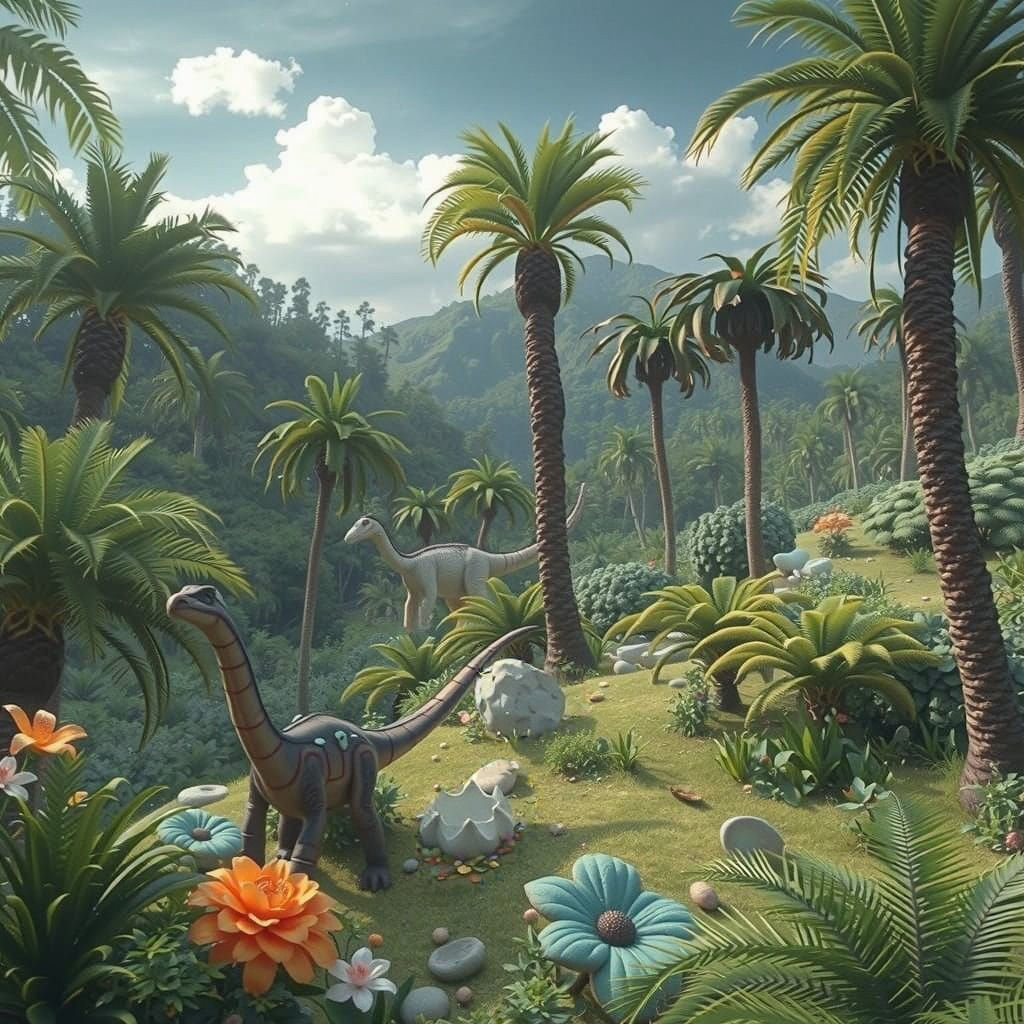 Lush Mesozoic Landscape in Vibrant Mixed-Media