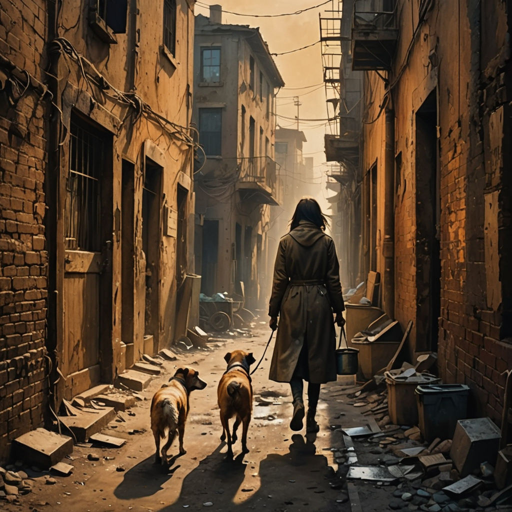 Surreal Alley Scene with Woman and Dog