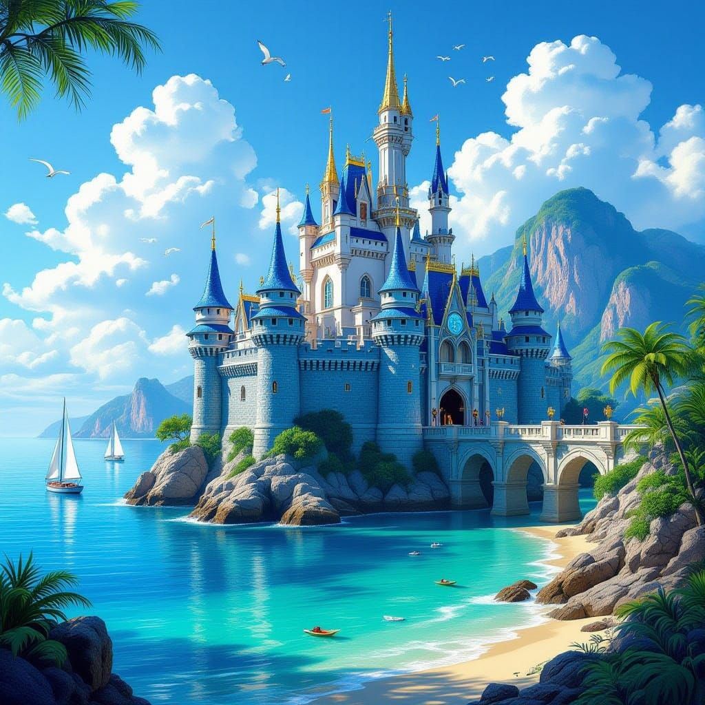 Majestic Castle on Rocky Shoreline with Tropical Greenery