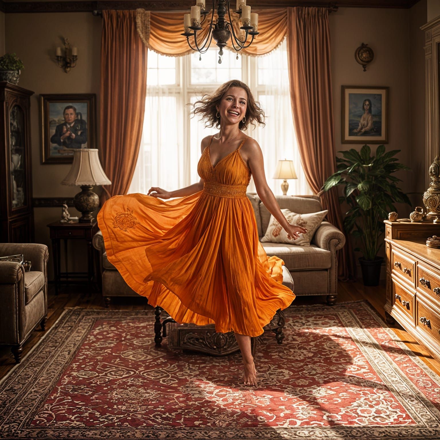 Hyperrealistic Woman Floats and Laughs in Living Room