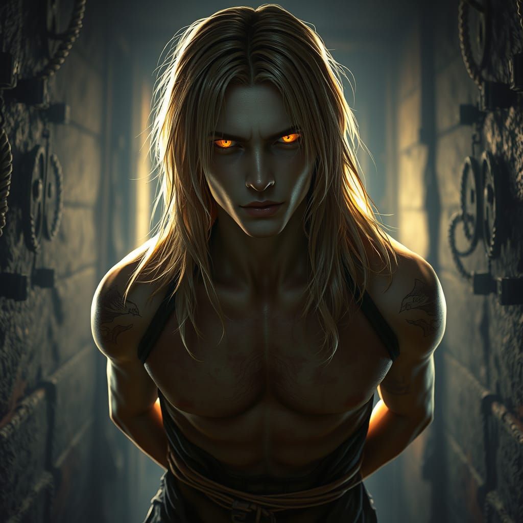 Dark Fantasy Prisoner in a Basement of Intricate Shadows