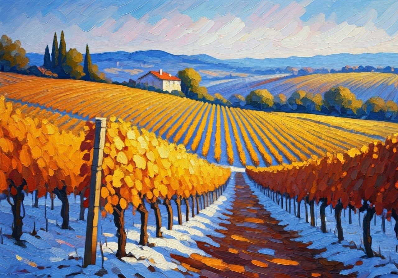 Fauvist French vineyard in winter