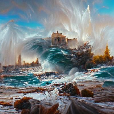 Ocean Waves Crash Against Mystical Marble Castle