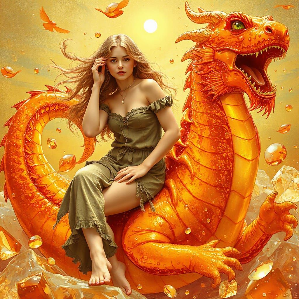 Woman on Gummy Dragon in Effervescent Soda Sea