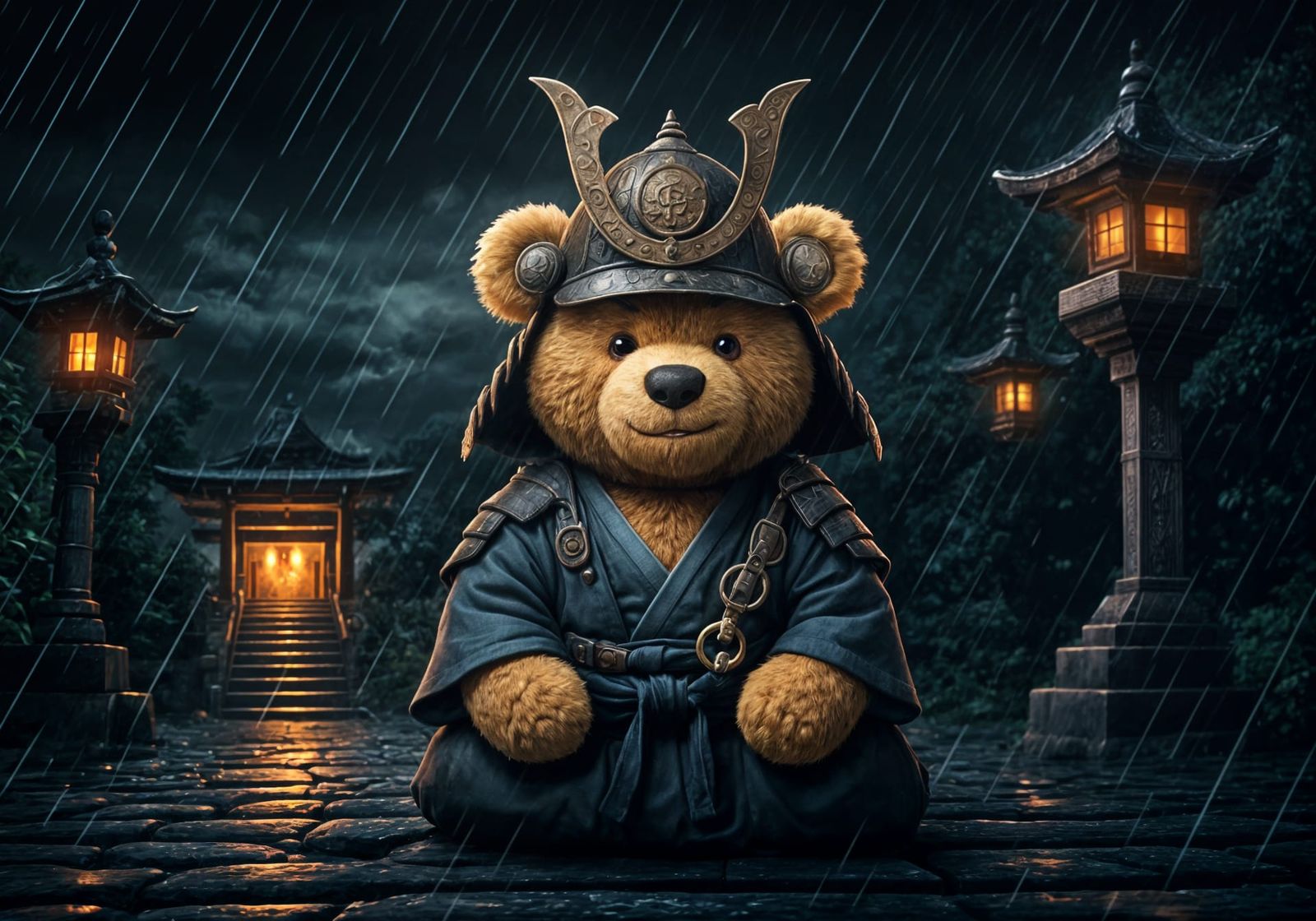 Samurai Teddy Bear Meditating in Japan, Pixar Style