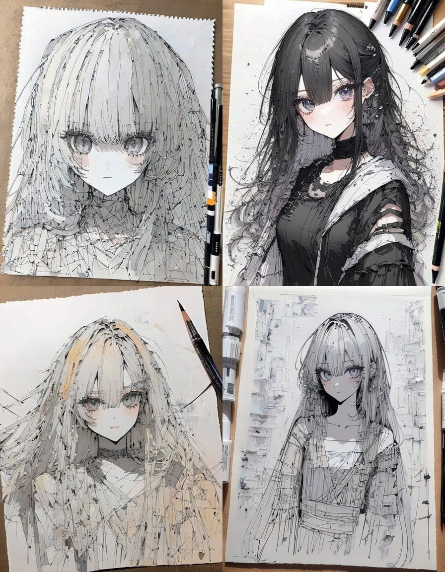 Anime-Inspired Sketch Girl with Mixed Media Elements