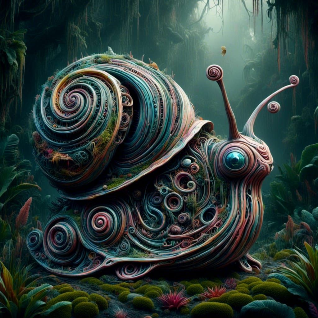 Biomechanical Snail in a Surreal Garden
