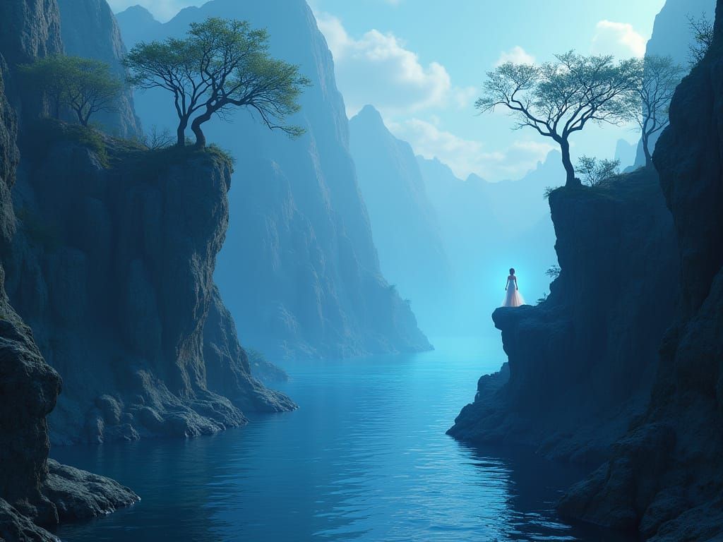 Woman on Cliff Overlooking Harbor, Ethereal Blue Glow