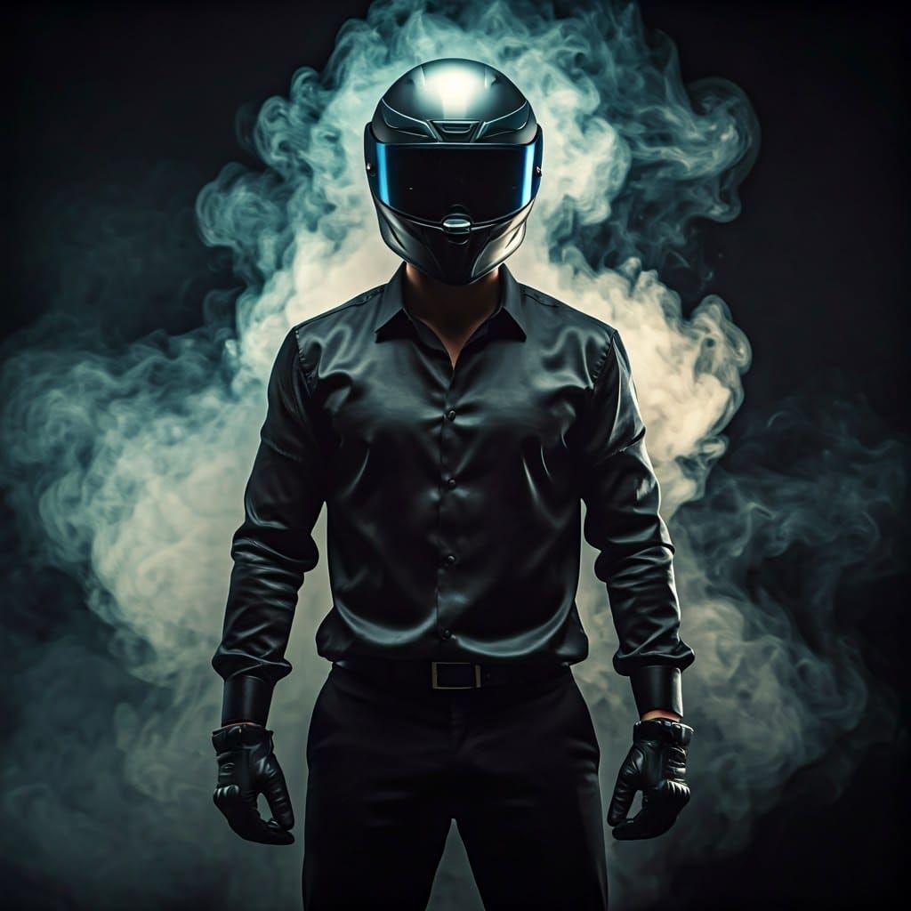 Athletic Biker Rises from Black Smoke in a Glimmering AGV K7...