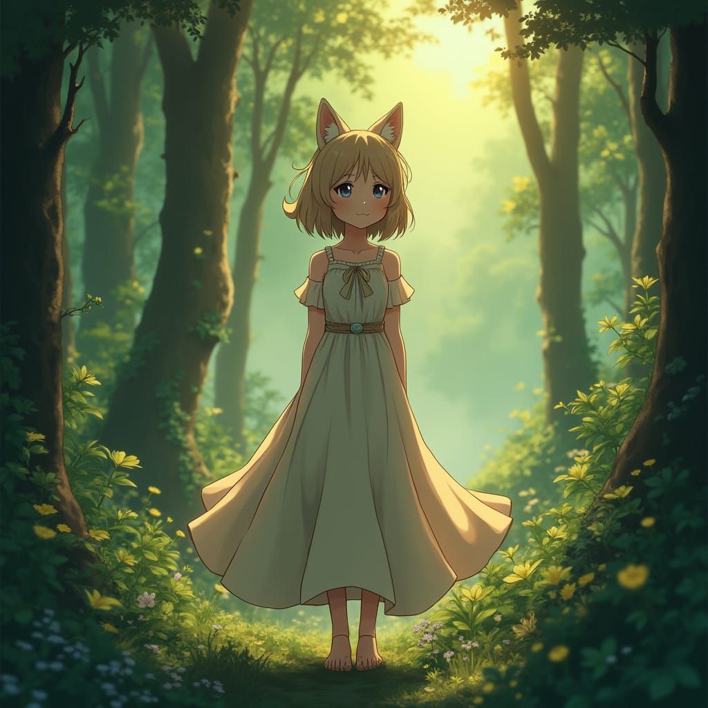 Anime Wolf Girl in Forest, Ghibli Style