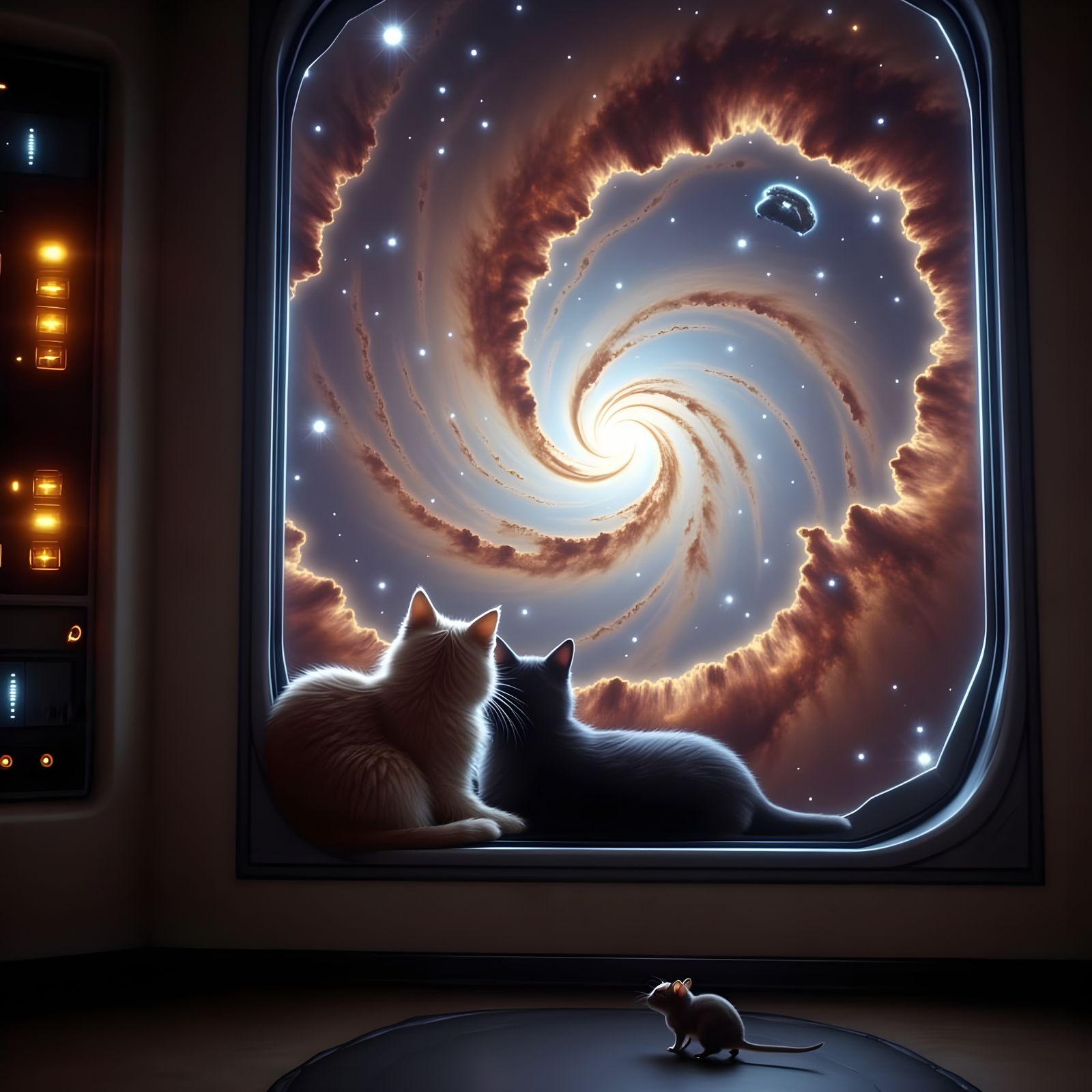 Cosmic Kittens Gaze at Nebula in Space Station