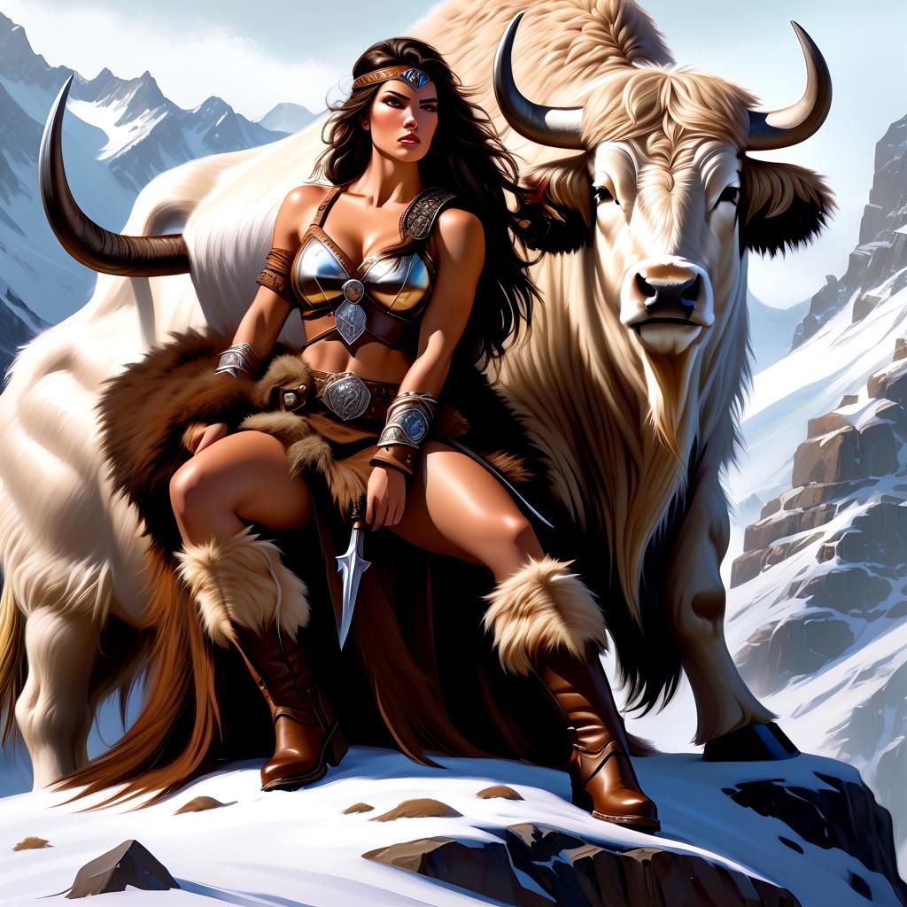 Barbarian Warrioress Sleeping on Snowy Mountain Ledge