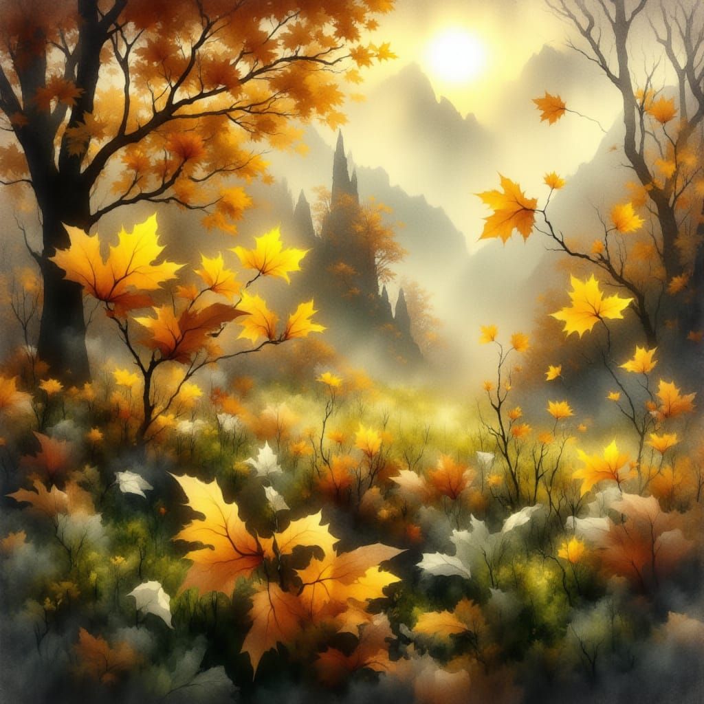 Autumn Flowers with Translucent Leaves in Sunshine