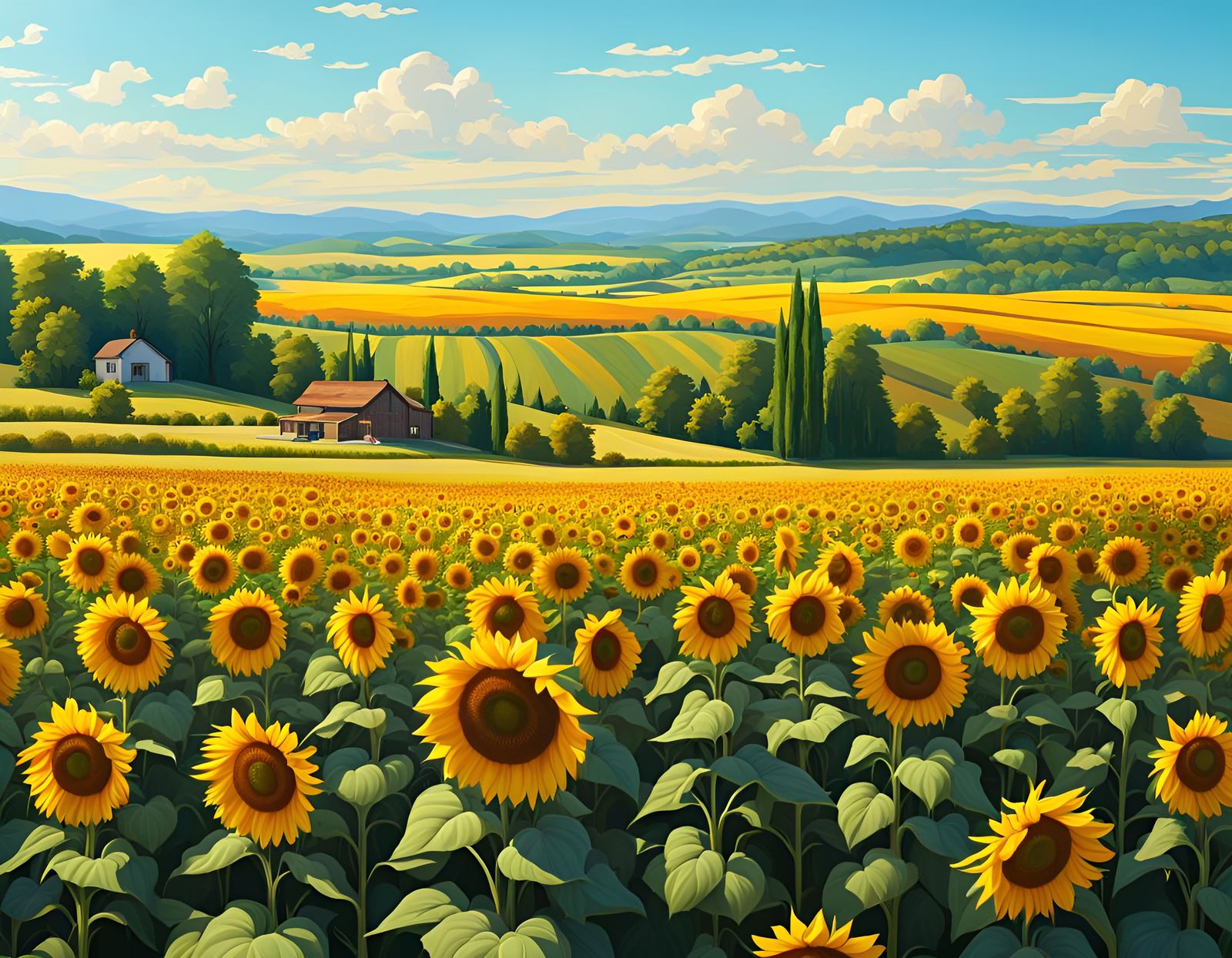 Serene Sunflower Field Under Blue Sky: Photorealistic 8K
