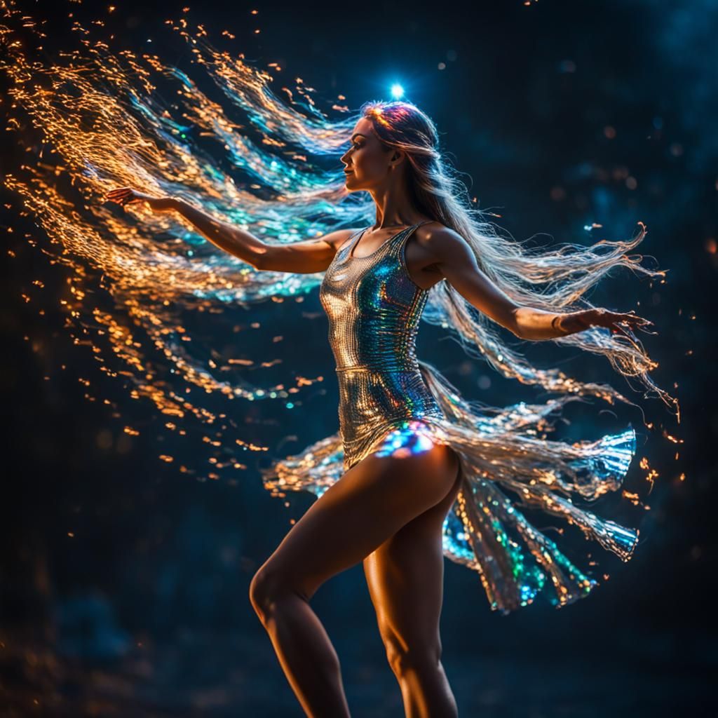 Holographic Fire Dancing Girl in Chrome Style