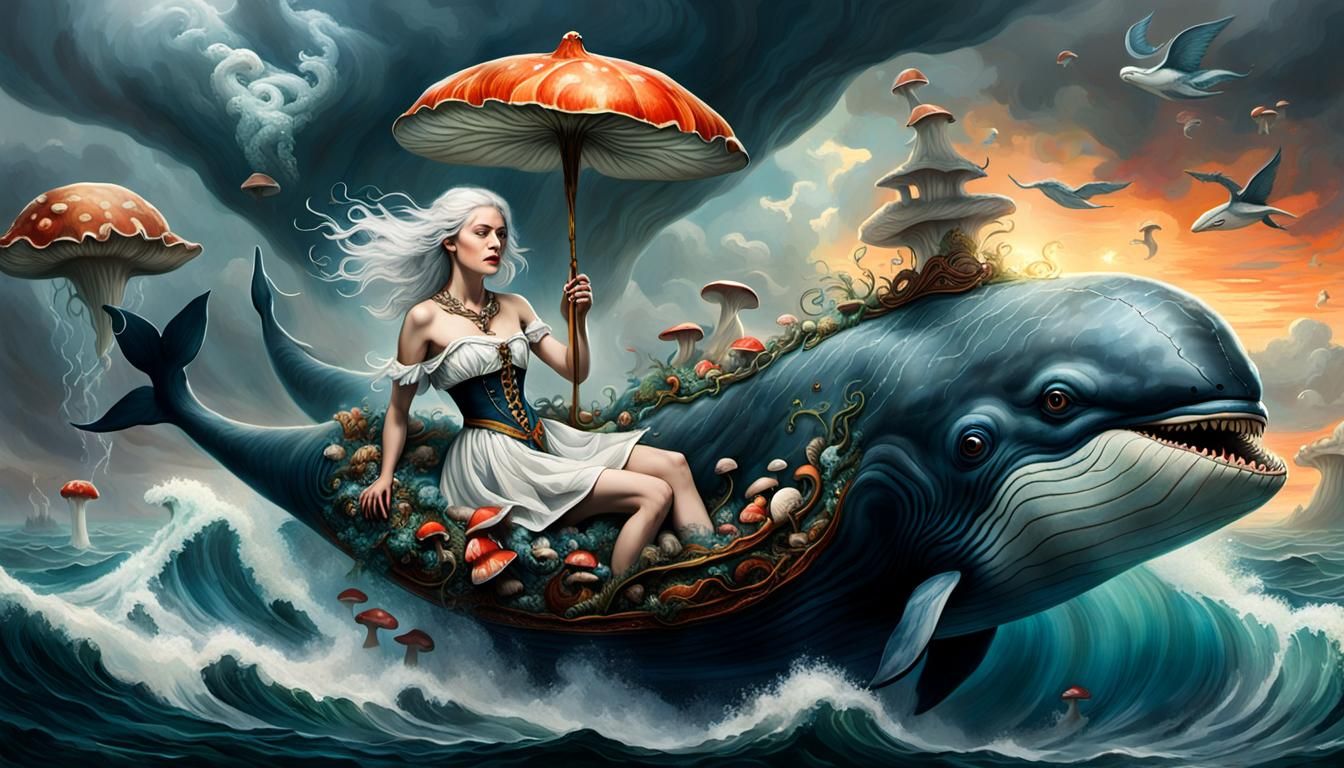 Woman Rides Whale in Surreal Fantasy Landscape