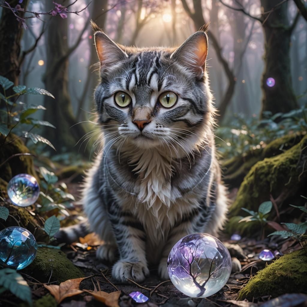 Silver Tabby Cat and Crystal Orb in Fantasy Art