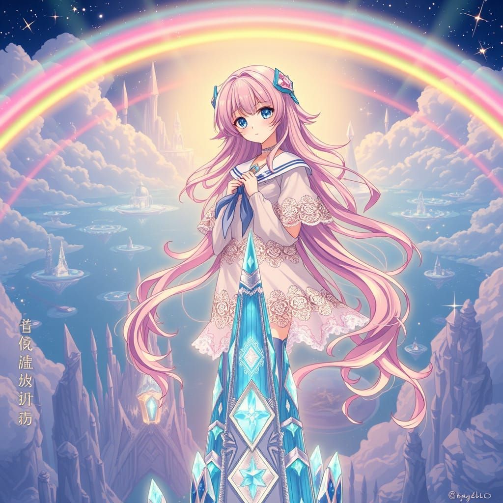 Surreal Magical Girl Ascends Celestial Crystal Spire