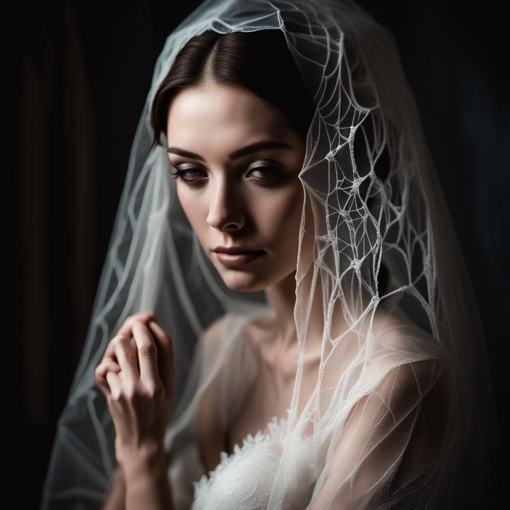 Veiled Woman in Spiderweb: Pastel Monochrome Art
