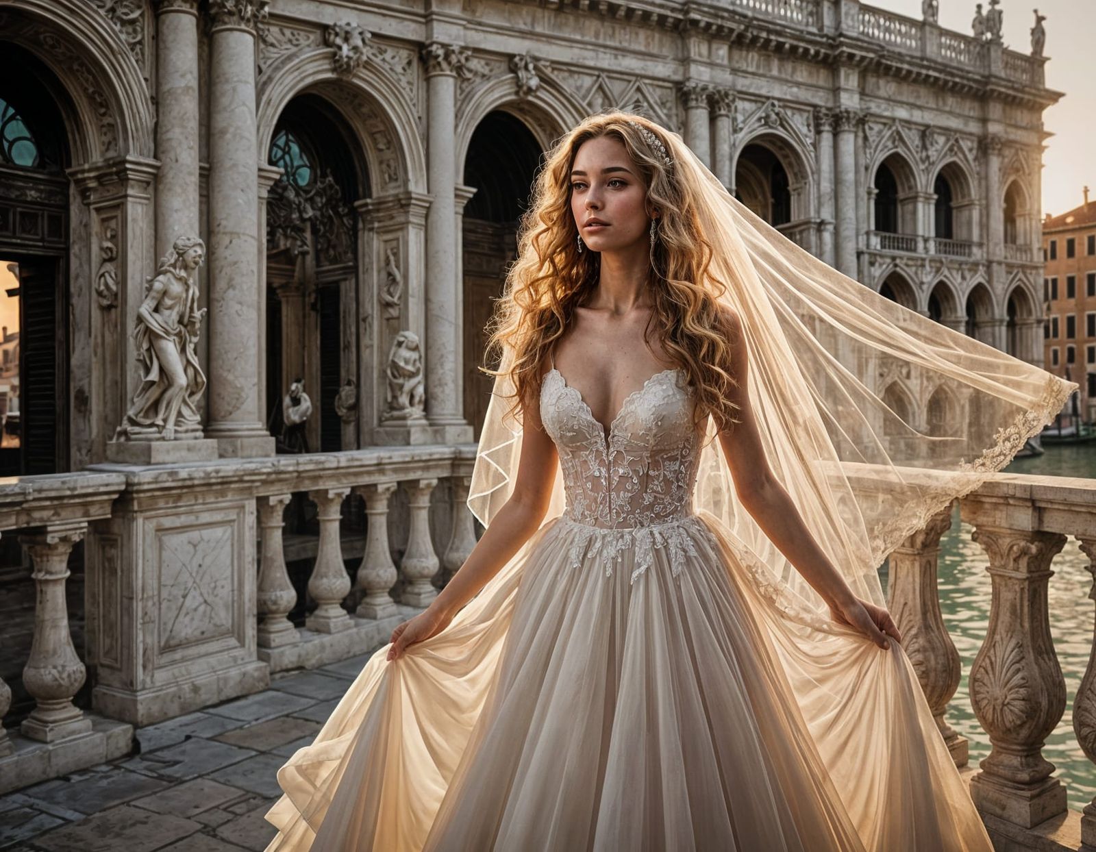 Graceful Bride in Tulle Dress, Venice Sunset