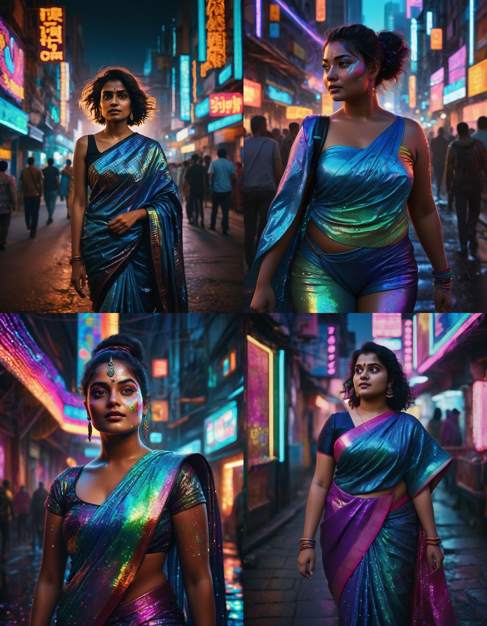 Curvy Woman in Rainbow Saree at Night