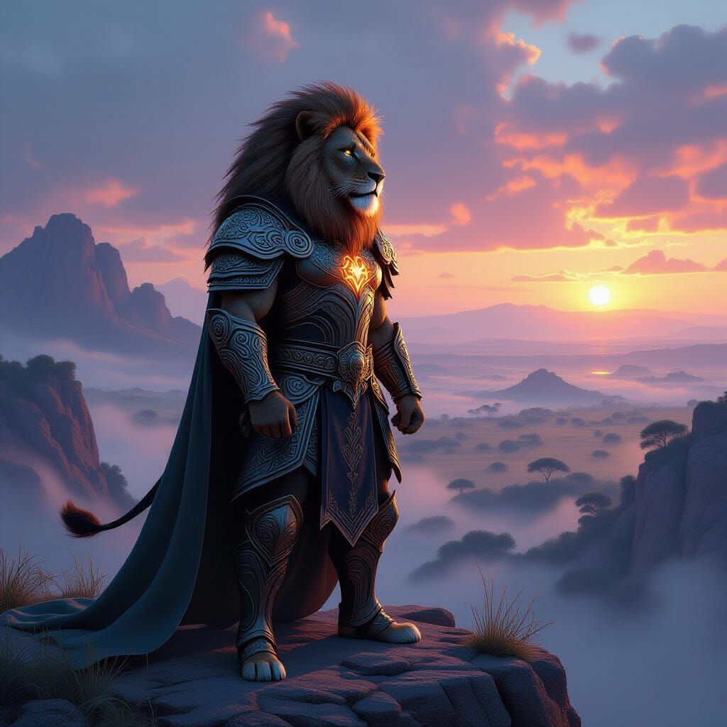 Lion Warrior in Celtic Armor Overlooks Savanna