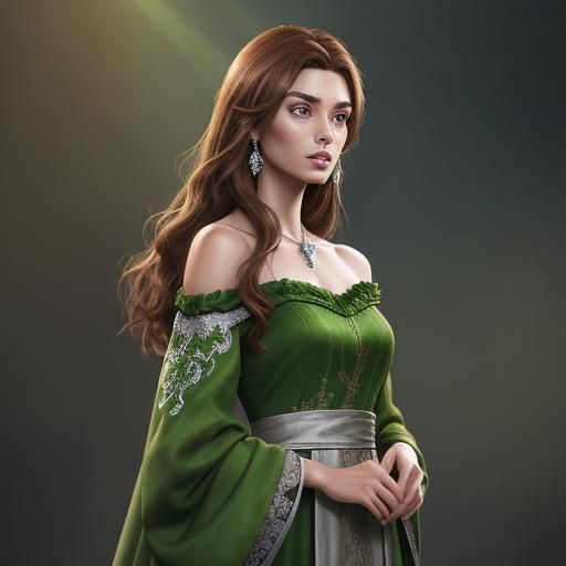 Gorgeous Woman in Green Dress, Hyperrealistic Digital Art
