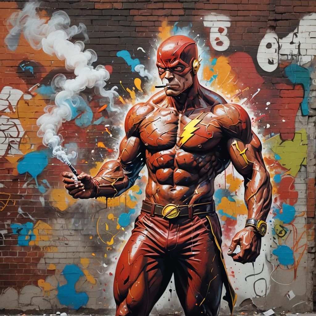 Shirtless Superhero Flash Smoking Cigar: Graffiti Art