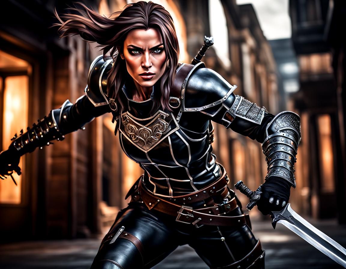 Female Rogue in Black Leather Armor Attacks