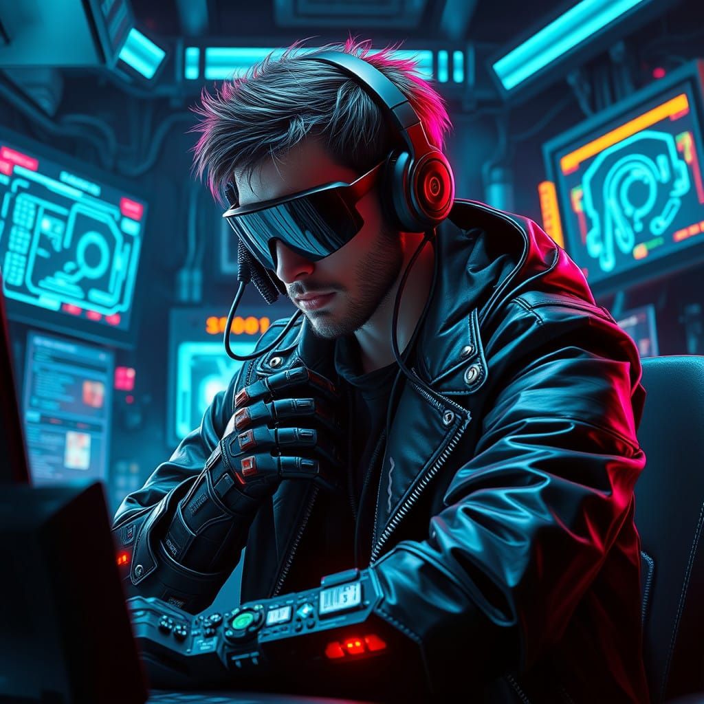Cyberpunk Hacker in a Futuristic High-Tech Lair
