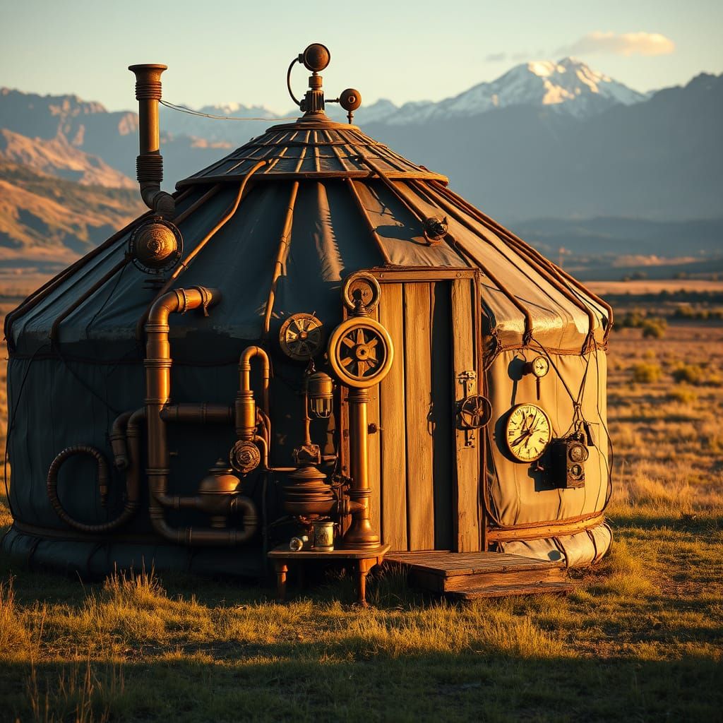 Steampunk Yurt Amidst Majestic Mountains