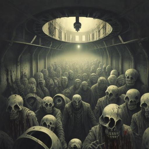 Zombies in Submarine Corridor, Dark Surrealism Style