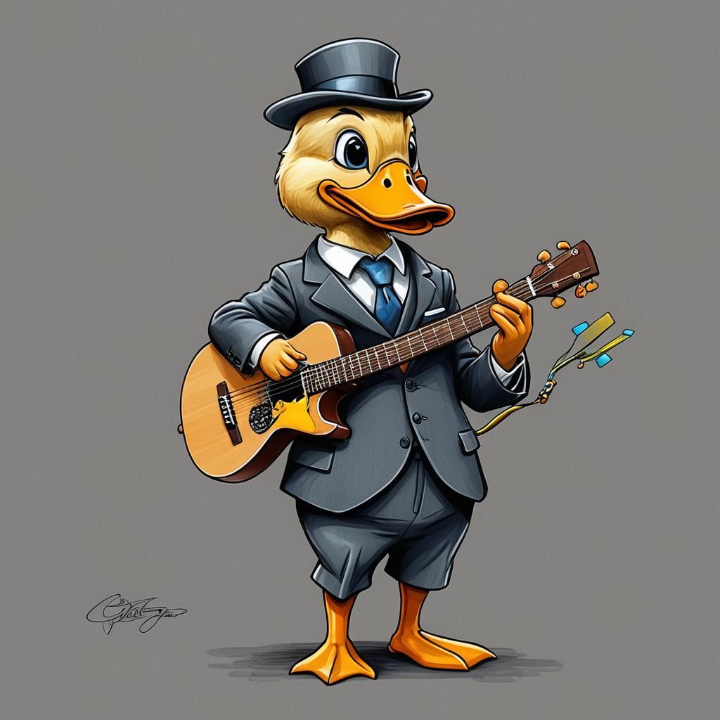 Cartoon Duck in Suit Plays Guitar, Digital Art